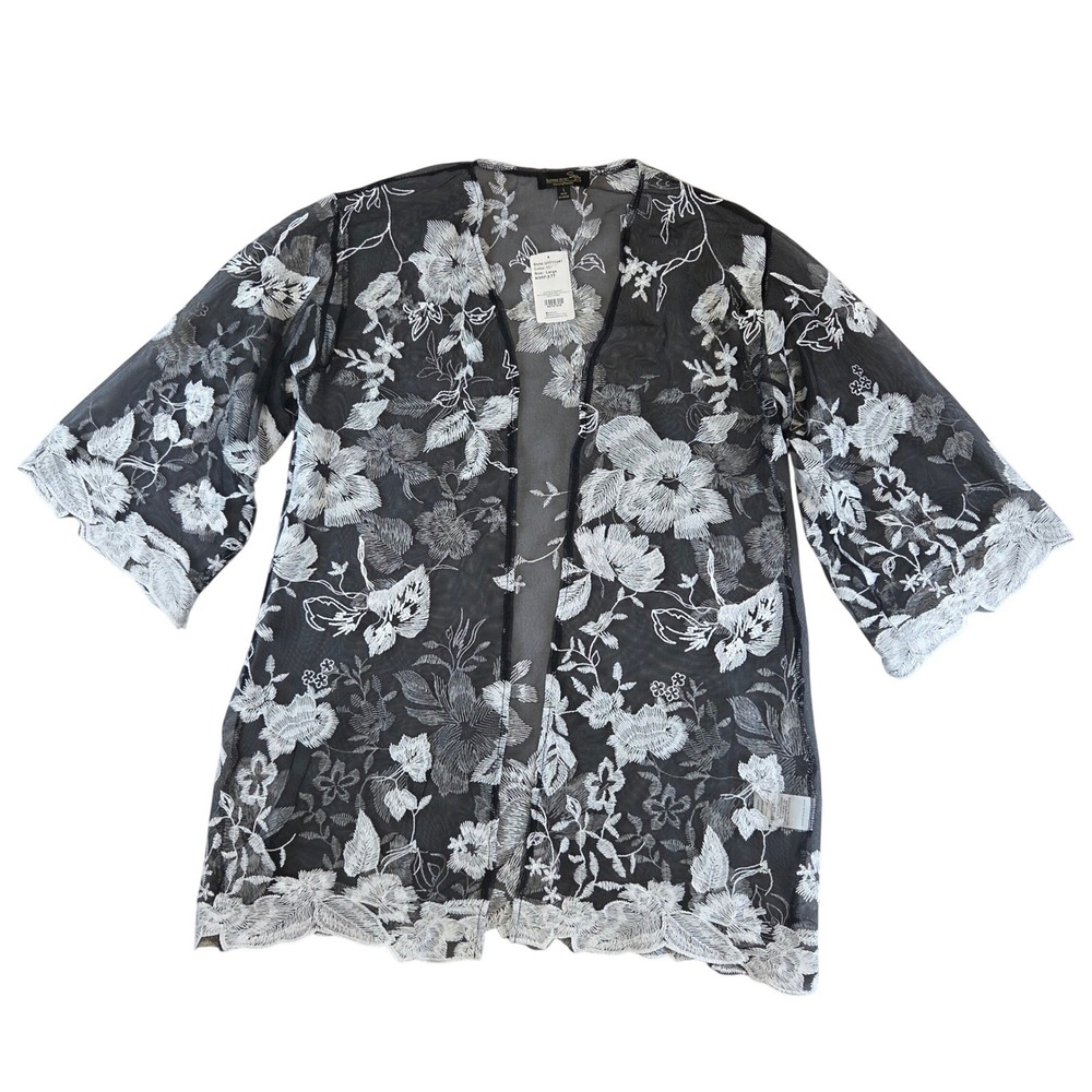 Susan Betro Black White Floral Embroidered Sheer Kimono Cardigan L Whimsigoth